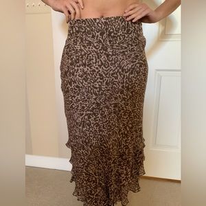 100% Silk Brown Cheetah Print Vintage Maxi Skirt